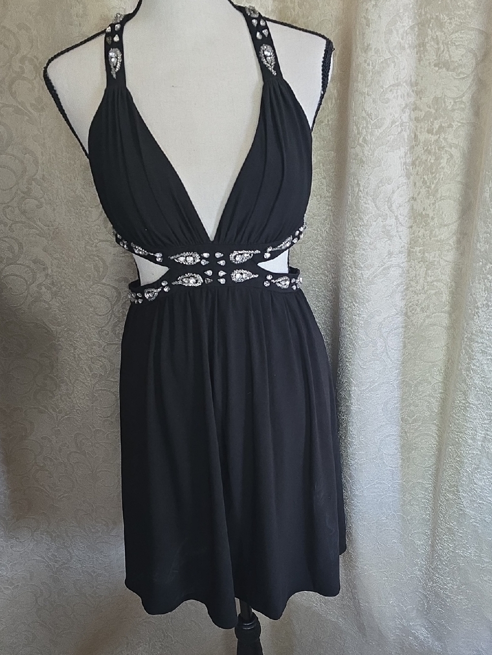 Black Jeweled Cutout Halter Mini Dress